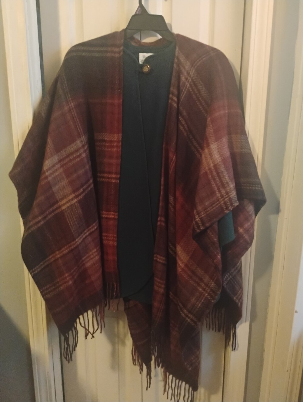 Vintage Peter James Wool & Cashmere Cape Poncho | Green Plaid Fringe Wrap
